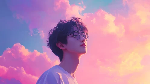 Young person in glasses under pink and blue sky clouds.