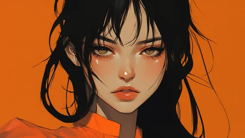 Ember-eyed girl poised against a blazing orange hush.