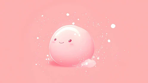 Cute pink bubble character on minimal pastel background.