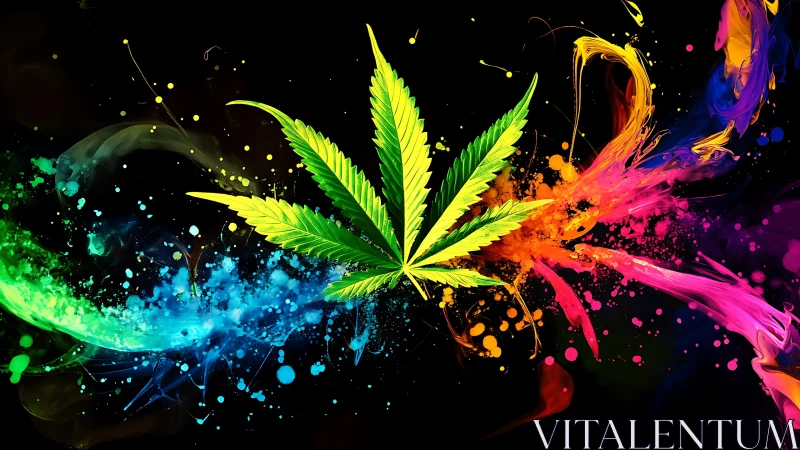 Cannabis leaf silhouette over high-saturation RGB paint splash field