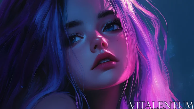 Digital portrait shows close-up of girl lit by neon colors