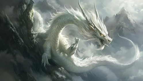 White serpentine dragon winding through misty peaks.