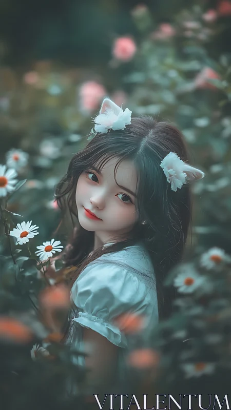 Cat-eared daydreamer wandering through soft daisy whispers.