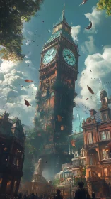 Whimsical clocktower city where sky, leaves and time dance.