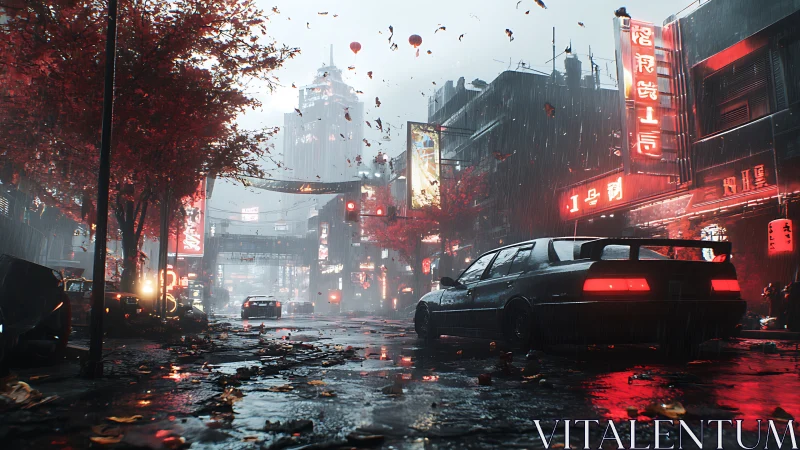 Crimson rainstorm ignites neon city street of slick shadows.