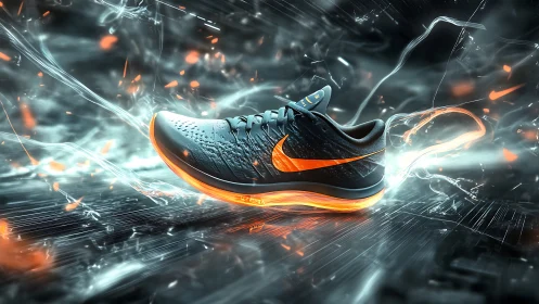 Electric glide sneaker racing through streaks of light.