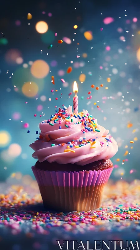 Pink frosted cupcake with lit candle amid cascading colorful sprinkles