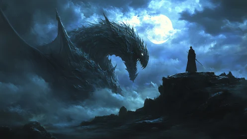 Lunar-backlit draconic colossus confronting solitary swordsman.