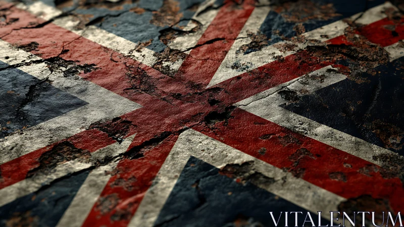 Weathered Union Jack in peeling, corroded surface detail.