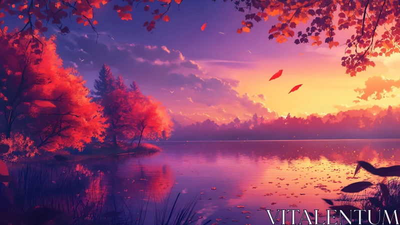 Crimson autumn lake at radiant sunset in tranquil stillness.