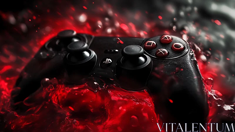 Game controller in red liquid with dramatic lighting.