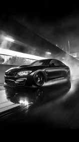High-contrast BMW coupe rendered in dynamic wet-track motion blur