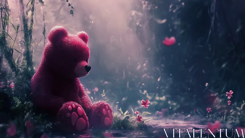 Pink plush bear in volumetric forest light with soft bokeh haze
