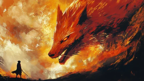 Fiery fox spirit confronting lone warrior in blazing sky.