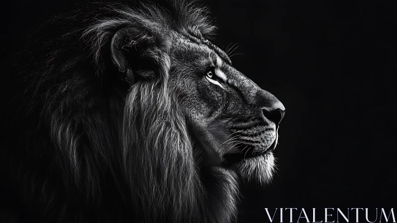Monochrome lion profile in dramatic low key portrait lighting.
