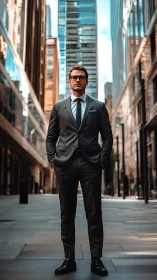 Confident young professional stands tall in a bright city street