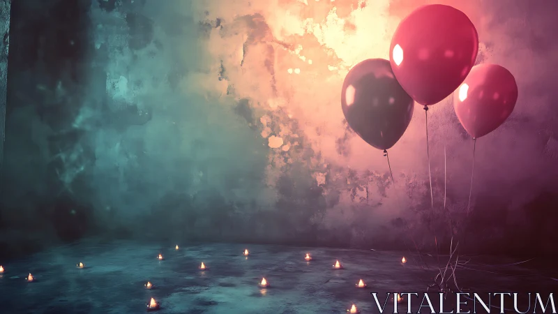 Luminous Reverie: Balloons Drift Through Dreamscape Ruins.