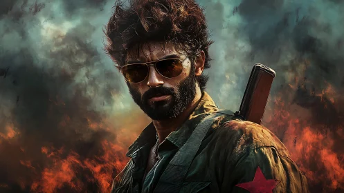 Brooding rebel soldier stands amid smoke and rising flames