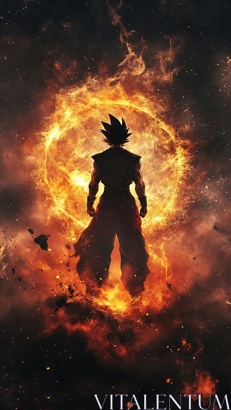 Silhouetted warrior before blazing fiery energy ring.