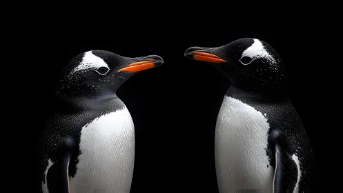 Two gentoo penguins facing each other on a black background, high detail.