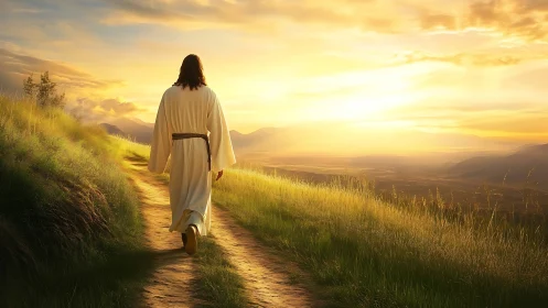 Backlit robed figure walks sunlit hillside path toward glowing horizon
