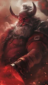 Ember-bearded warlord strides through storming scarlet embers.