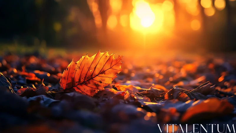 Single dry leaf rests on forest floor in low-angle sunlight