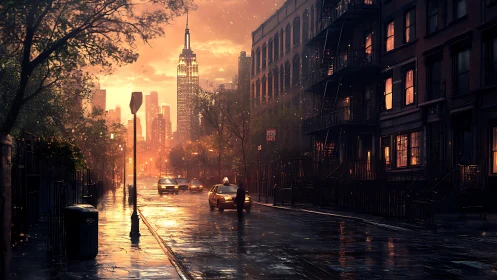 Rain-soaked New York street under volumetric sunset backlighting