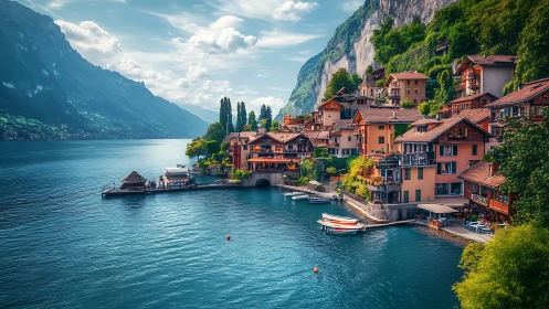 Lakeside alpine village hugs cliffs above vivid turquoise water.