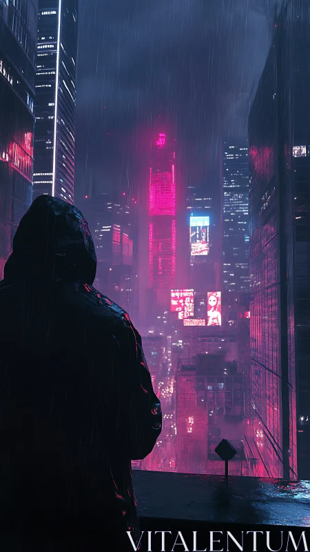 Solitary figure over neon cityscape in midnight rainstorm.