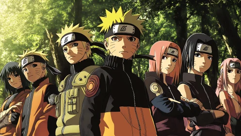 Naruto ninja team stand unified in sunlit forest clearing.