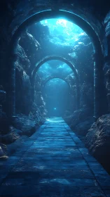 Submerged stone corridor under glowing cyan arches at depth.