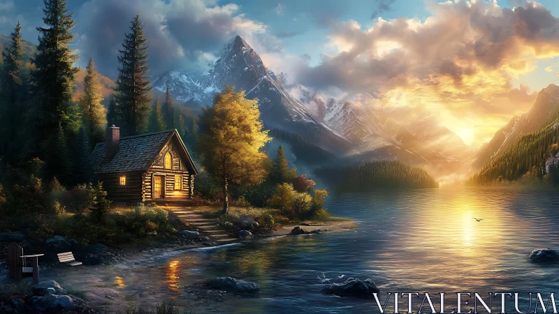 Lakeside log cabin faces sunlit mountains across calm water.