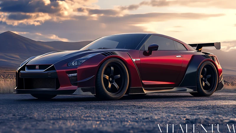 Sunset-forged red supercar prowls the open mountain highway.