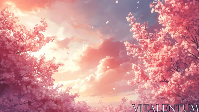 Cherry blossoms frame glowing sunset sky with drifting petals