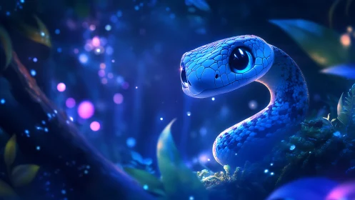 Bioluminescent blue snake glows in dreamy forest night