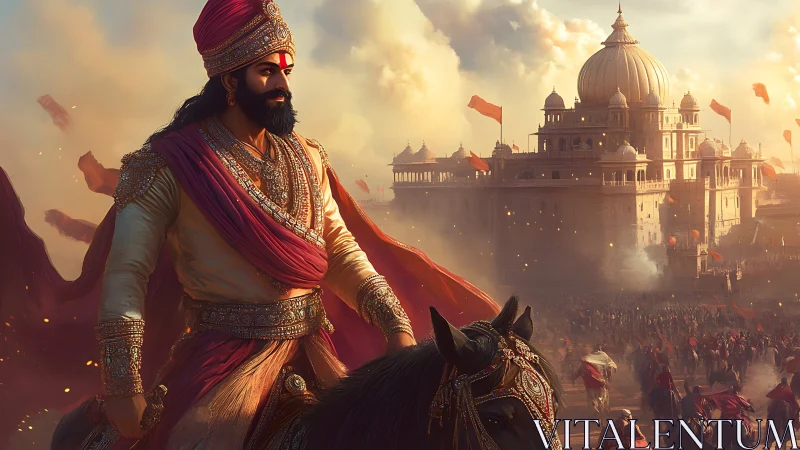 Digital rendering depicts mounted ruler before domed palace