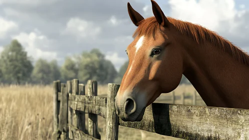 Gentle chestnut horse enjoying a quiet afternoon by fence.