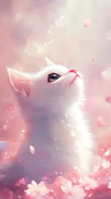 White Cat Gazes Upward in Ethereal Pink Bloom Atmosphere