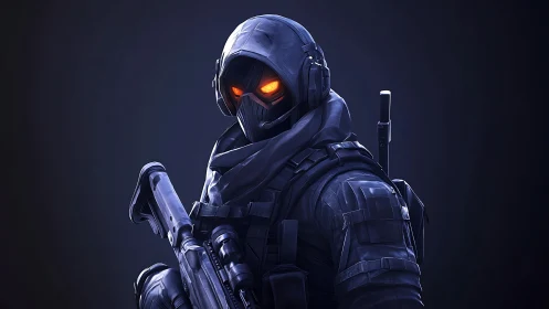 Armored stealth operative with glowing visor rendered in 3D