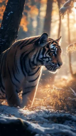 Tiger moves through snowy forest under warm sunrise light