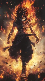 Fiery anime warrior strides through blazing inferno