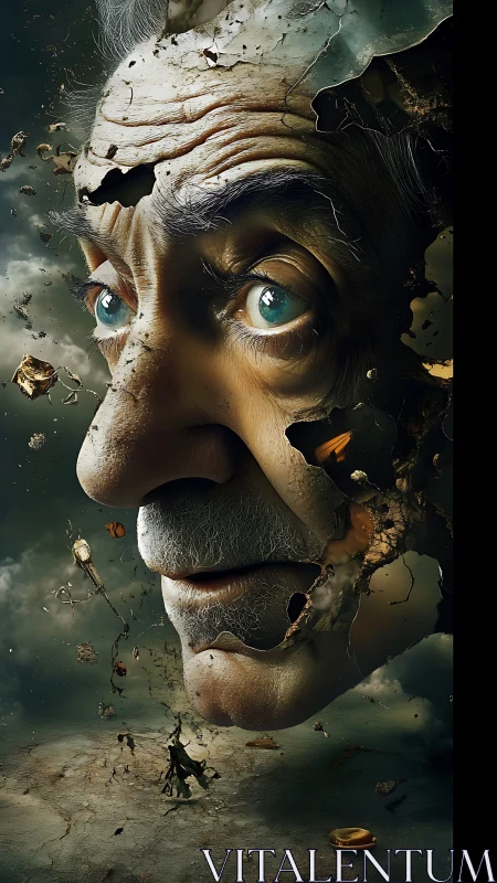 Fragmented elderly face disintegrates into debris in air