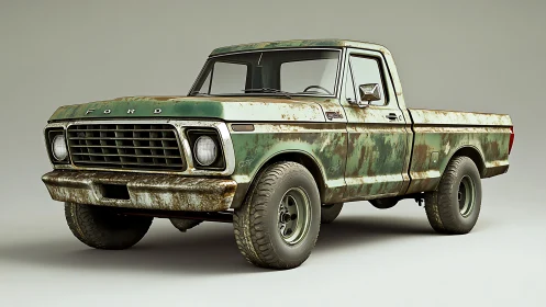Aged green pickup truck rendered with detailed rust patina