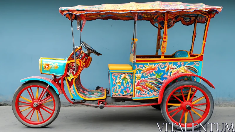 Carnival rickshaw bursts into bloom against a calm blue wall