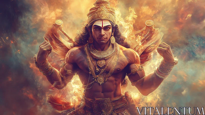 Radiant warrior god framed in fire, strength and devotion.