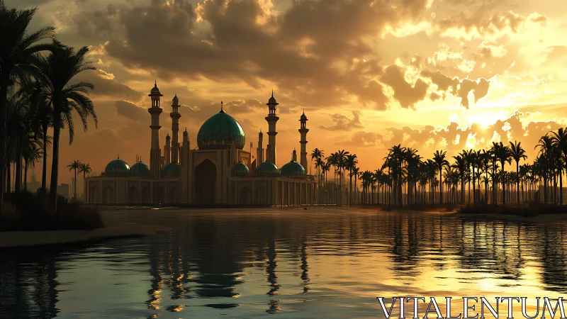 Rendered mosque complex stands by reflective water at sunset