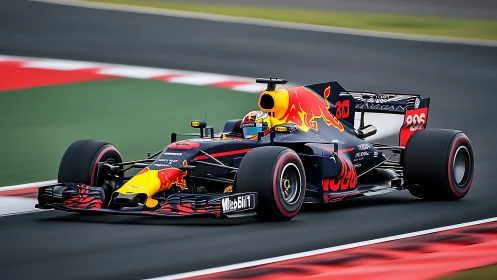 Flame-liveried Formula racer knifes through silvered circuit air.