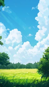 Cloud-filled sky extends above sunlit field and tree line