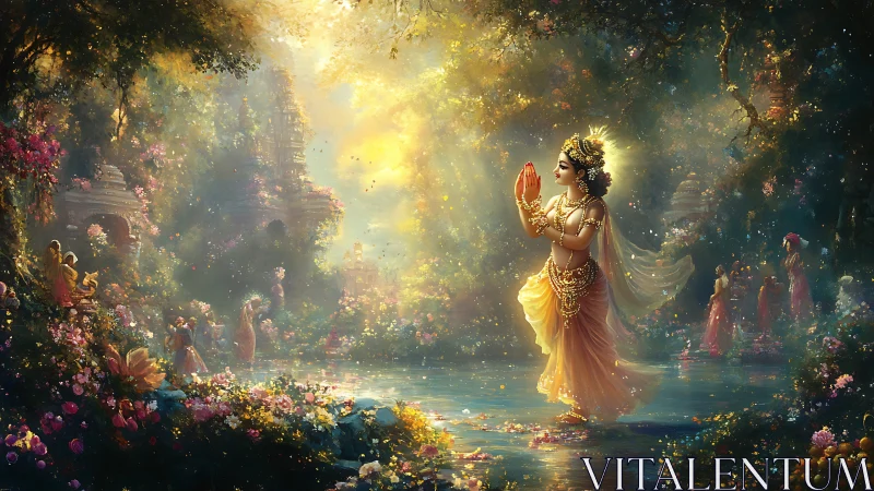 Ornate figure in floral riverside shrine landscape scene.